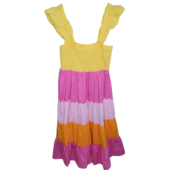 Crown & Ivy | Colorful Tiered Ruffle Sleeveless Midi Dress Pink Yellow Orange - Picture 1 of 5